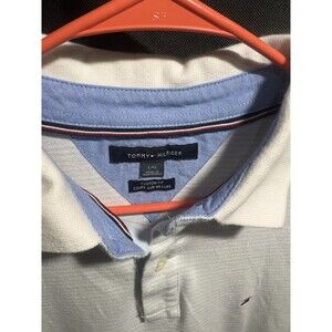 Tommy Hilfiger Men's Light Blue And White Striped Polo Shirt Size Large